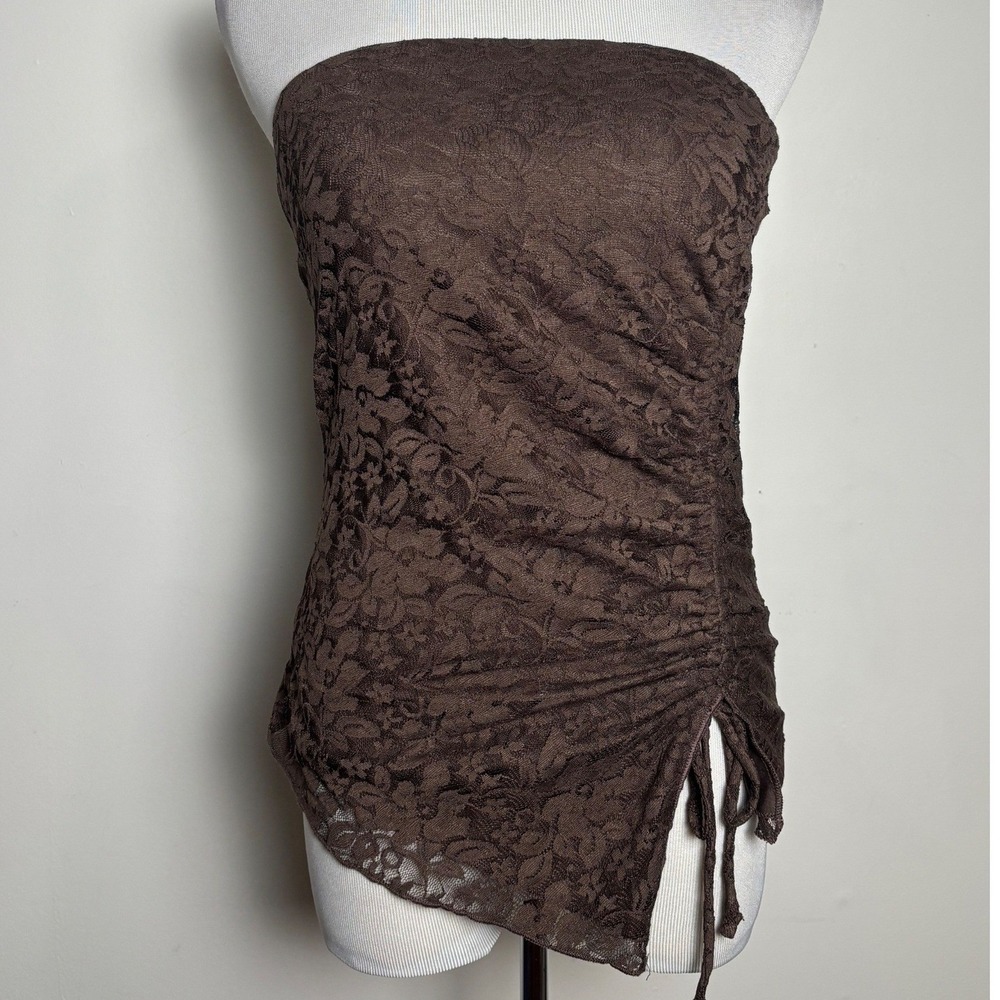 Womens Brown Lace Strapless Top Large Asymmetric Ruched Boho Fairy Festival